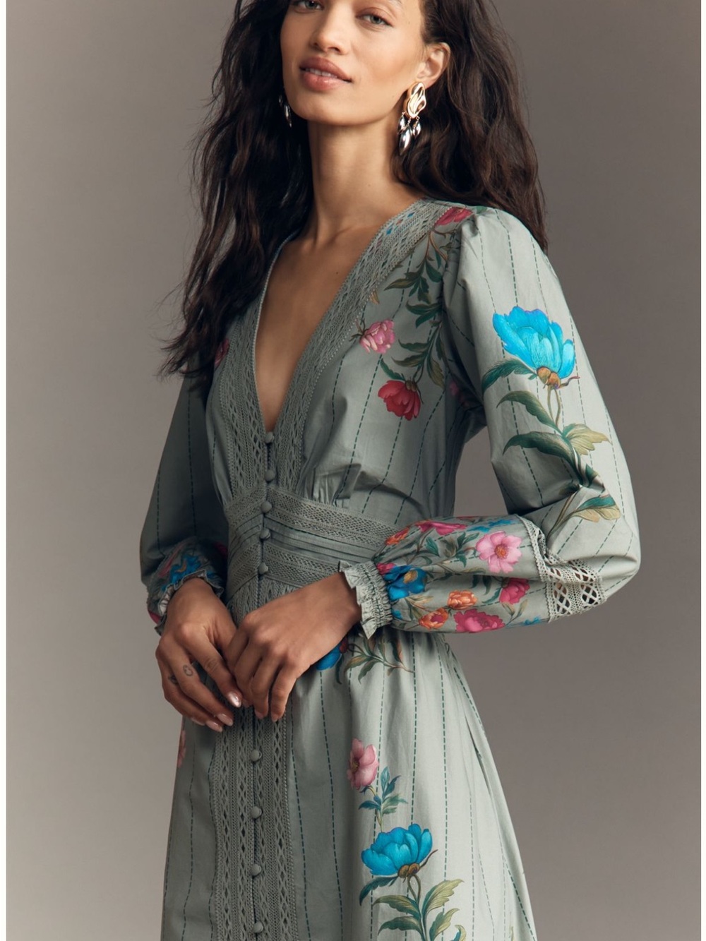 Anthropologie Sage Green Floral Lace-Trim Long Sleeve Dress